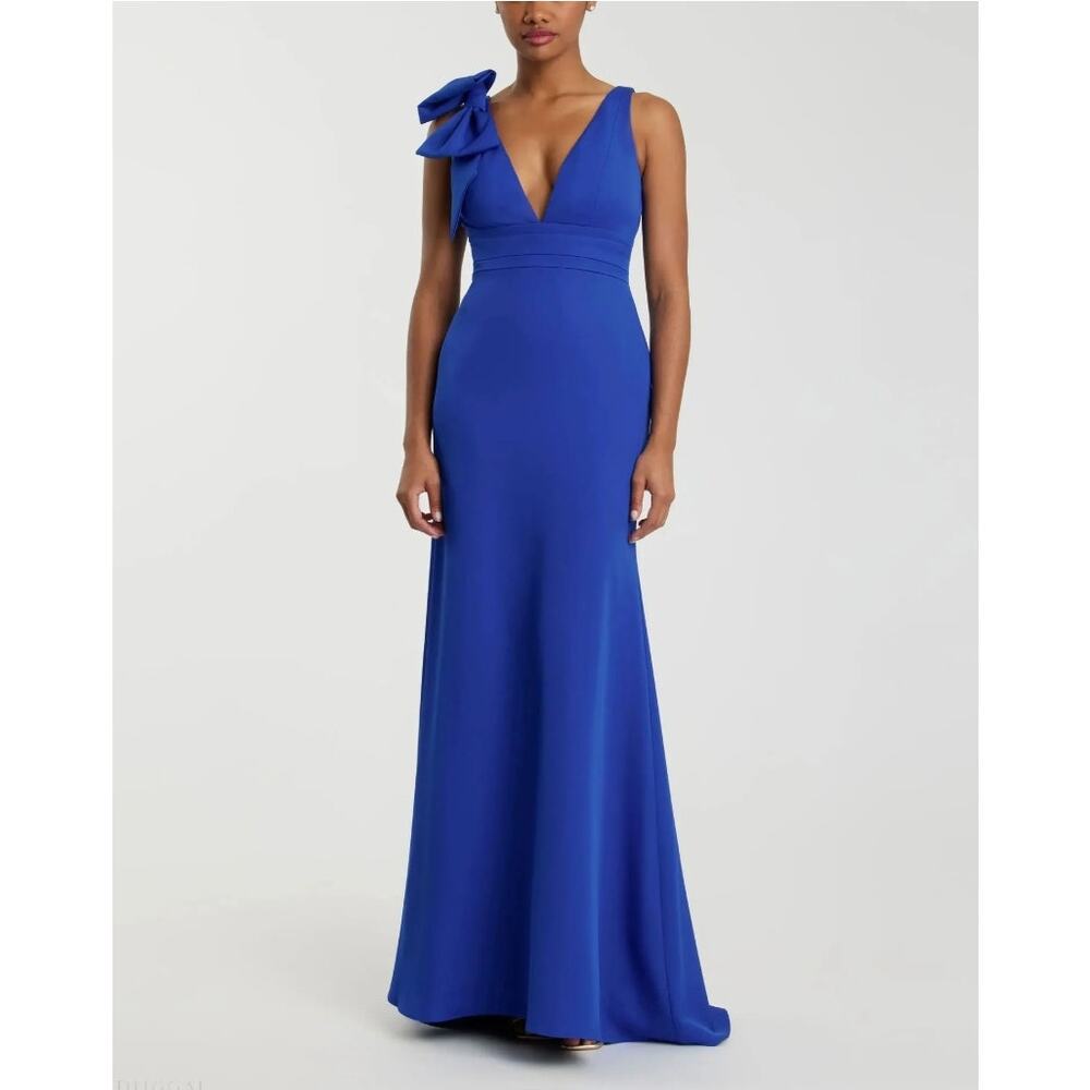 Mac Duggal Sleeveless V Neck Bow Detail Mermaid Royal Blue Gown Sz 14 NWT 49454